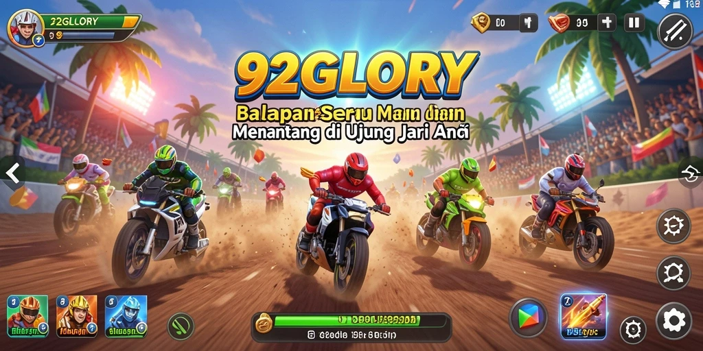 Tampilan dalam game 92GLORY saat balapan seru di lintasan.