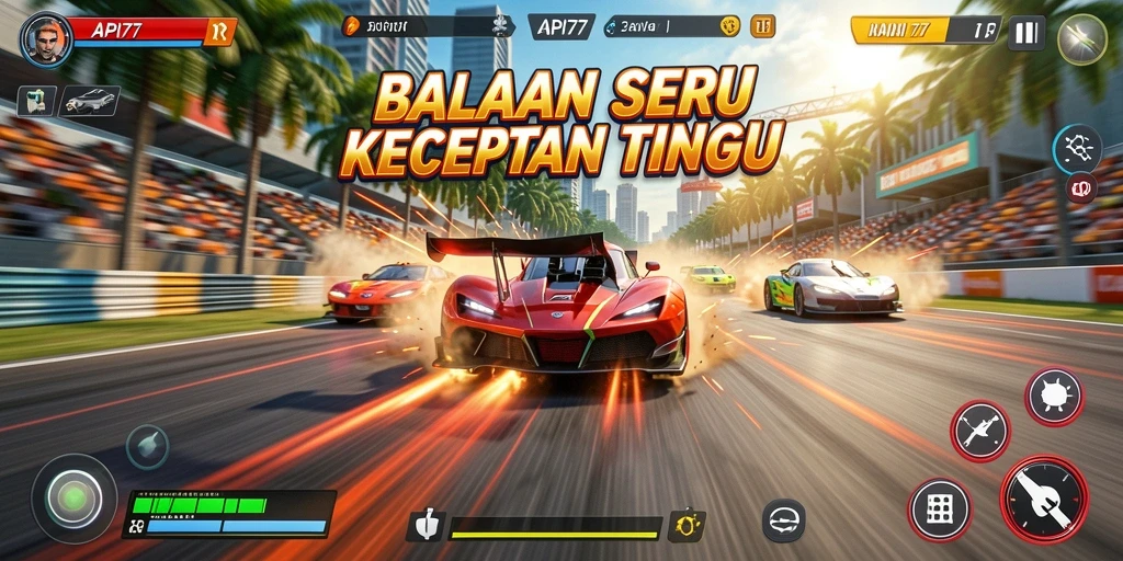 Screenshot API77 menunjukkan aksi balapan yang mendebarkan dan mobil yang stylish.