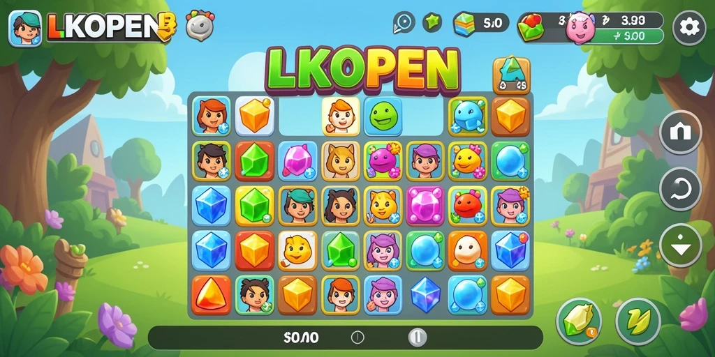 Screenshot LKOPEN menunjukkan gameplay Match-3 yang menarik dan penuh warna.