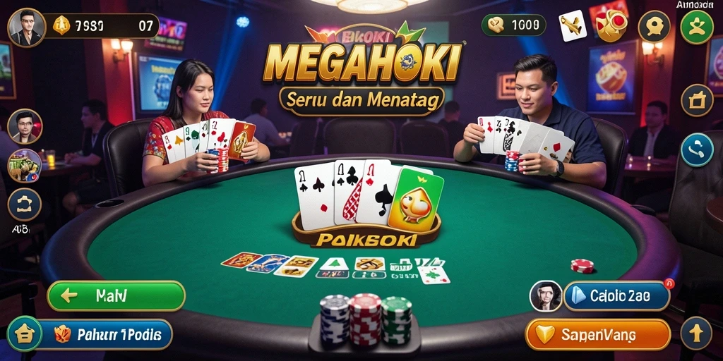 Tampilan gameplay seru di MEGAHOKI dengan pemain poker aktif.