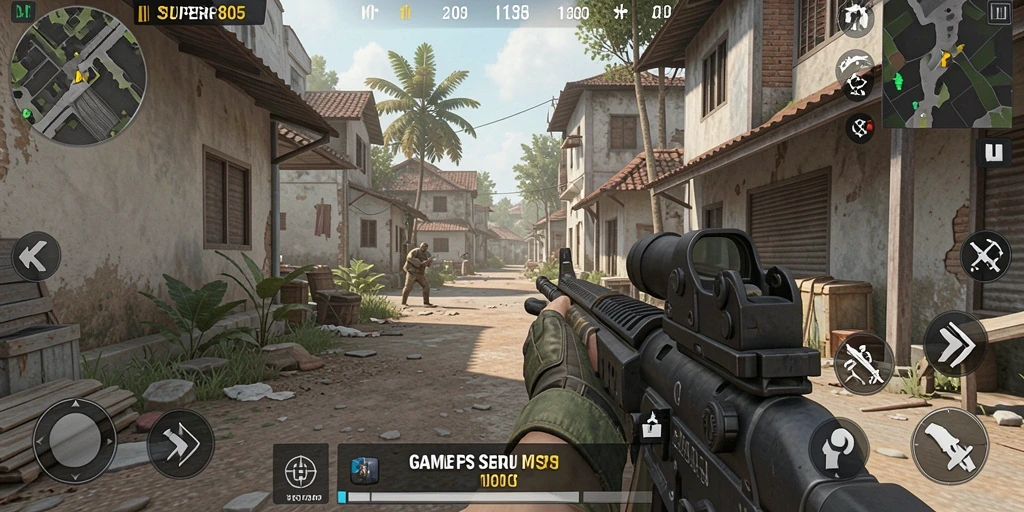 Screenshot SUPER805 menampilkan aksi gameplay FPS yang penuh ketegangan.