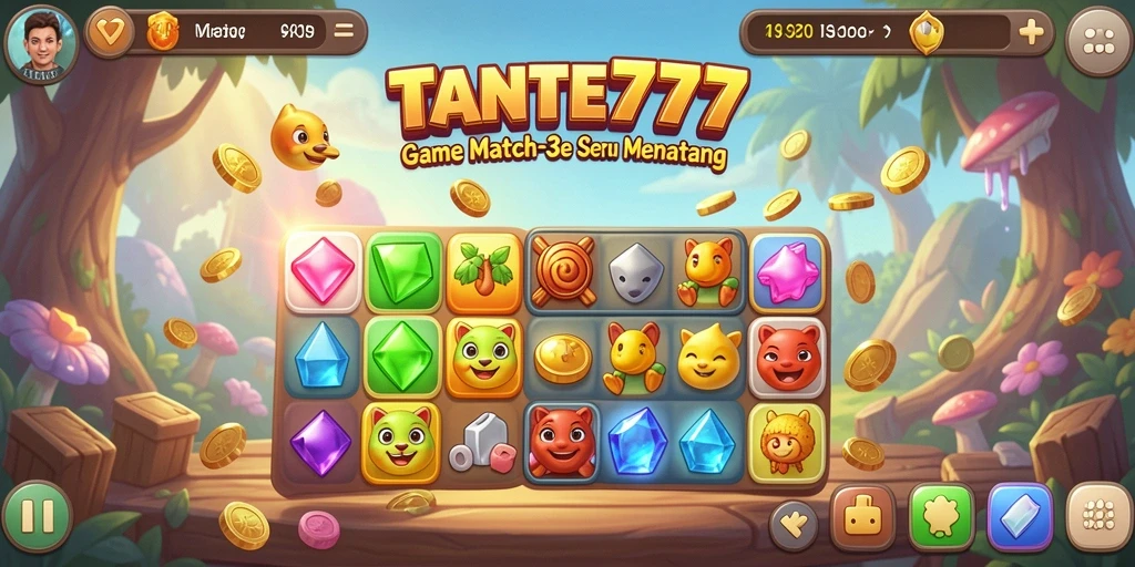 Gameplay seru TANTE777 dengan kombinasi permata warna-warni.